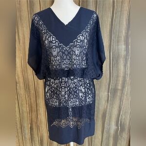 Max Studio Navy Flutter Sleeved Lined Lace Detail Cover Up Dress Sz M